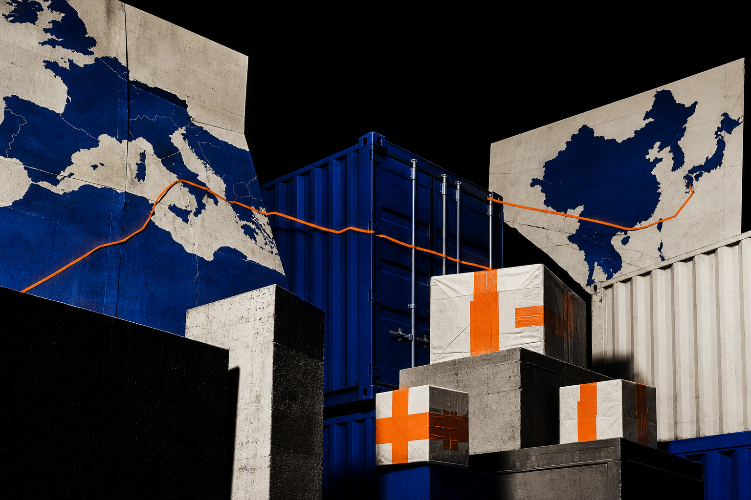 Contenedores, paquetes y rutas que representan comercio entre mercados